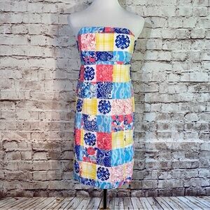 Lilly Pulitzer Strapless Patchwork Plaid Dress - Blue, Yellow, Pink, White